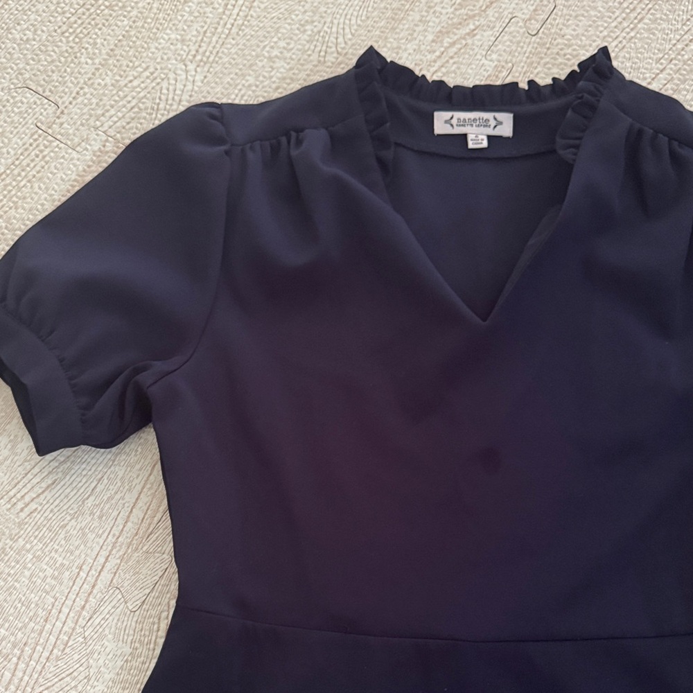 Nanette Lepore Navy Blue V-Neck Ruffle Collar Puff Sleeve Mini Dress - Picture 3 of 3